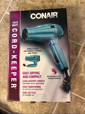 New! Conair Teal Cord-Keeper Hair Dryer - Fast-Drying